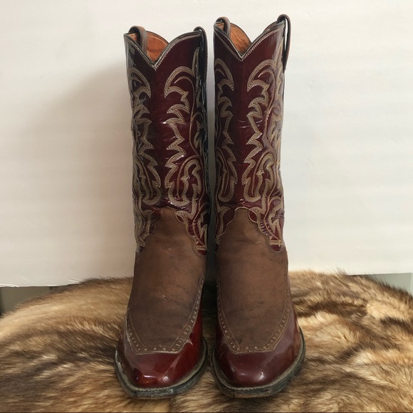 Justin Boots Suede Pat Leather Square Toe Cowboy Western Boots Brown Sz 8 Flaw